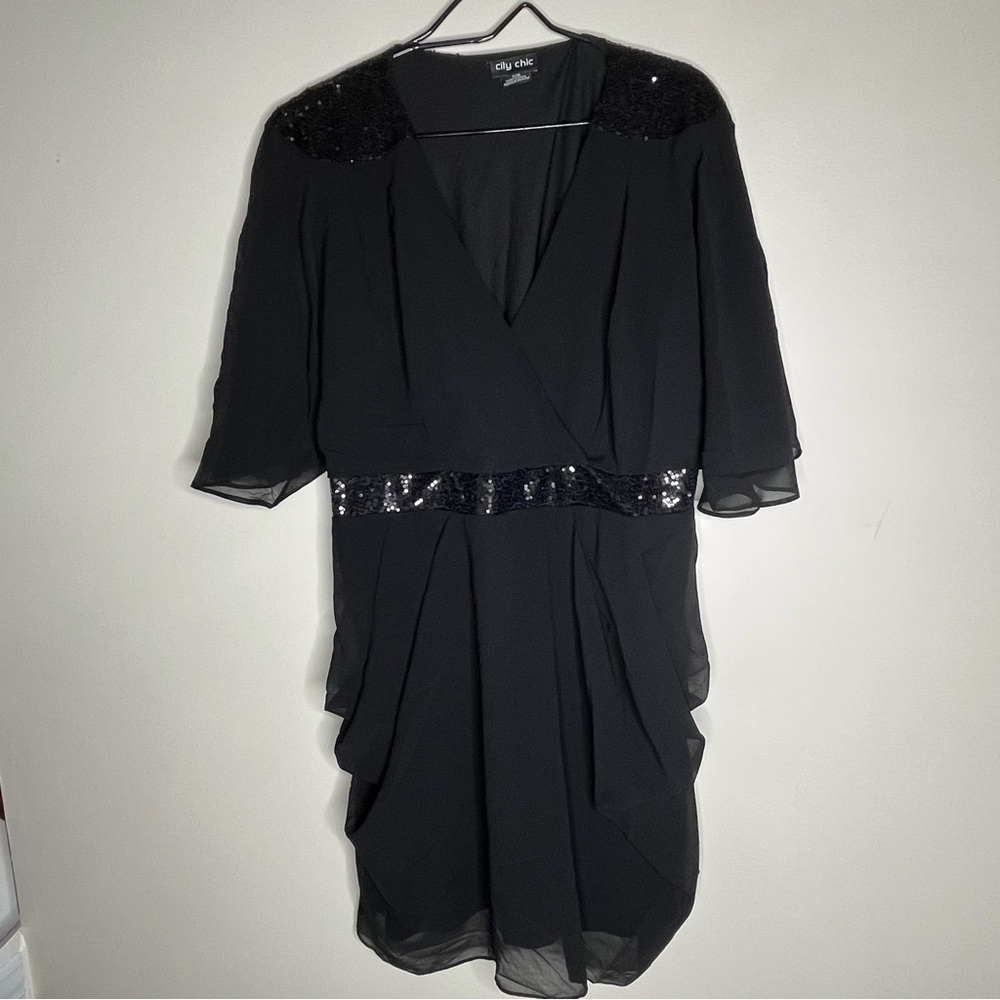 City Chic Black Sheer Surplus Front Bat Sleeve Black Dress with Sequins SZ S/16